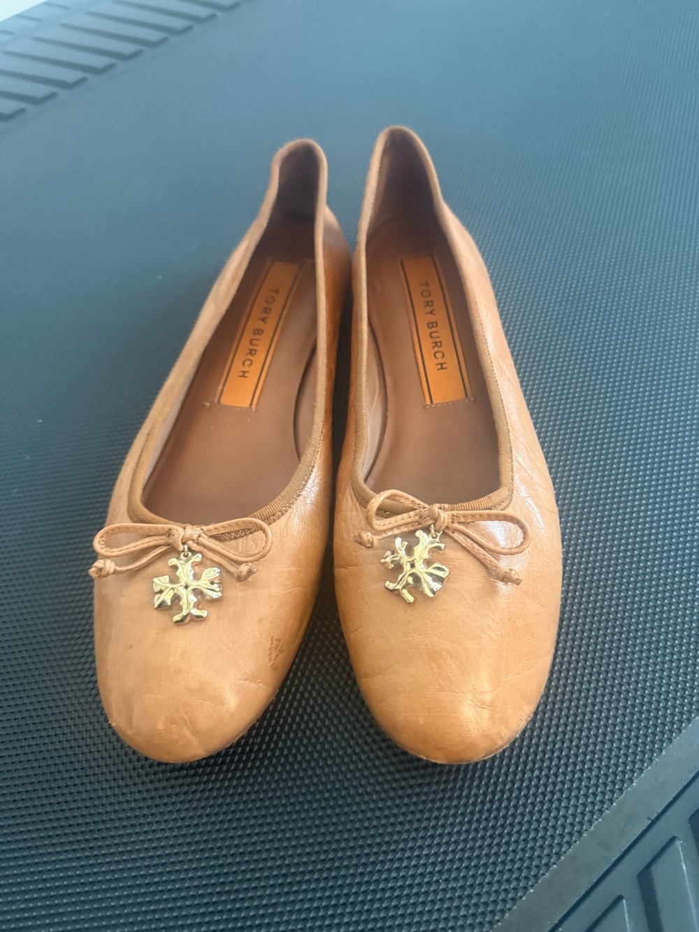 Tory Burch Tan Leather Ballet Flats with Gold Logo Charm